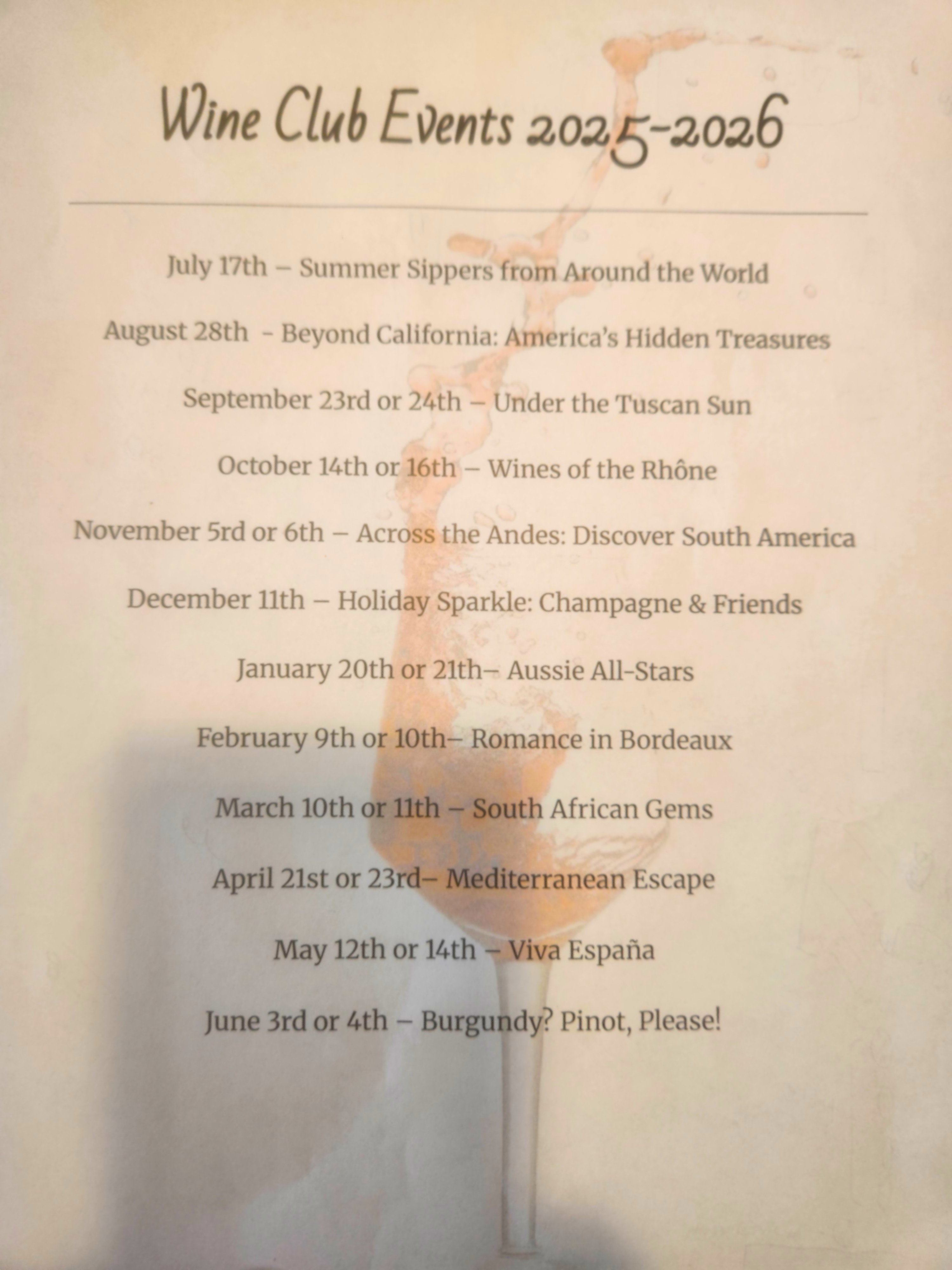 Wine Club Schedule 2025 - 2026